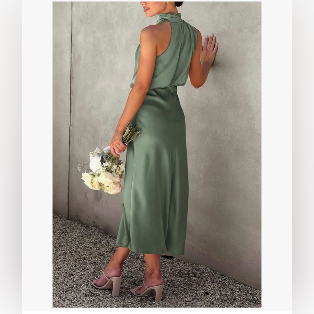 Satin Dress Elegant Sleeveless Mock Neck Cocktail Party Maxi Dress - Picture 4 of 4